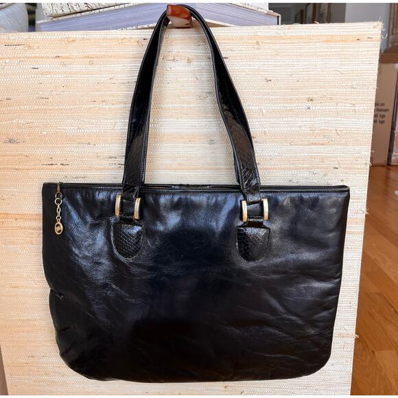 CARLO FIORI Black Leather Snake Skin Tote Purse Computer Career Work Attaché - Picture 5 of 11